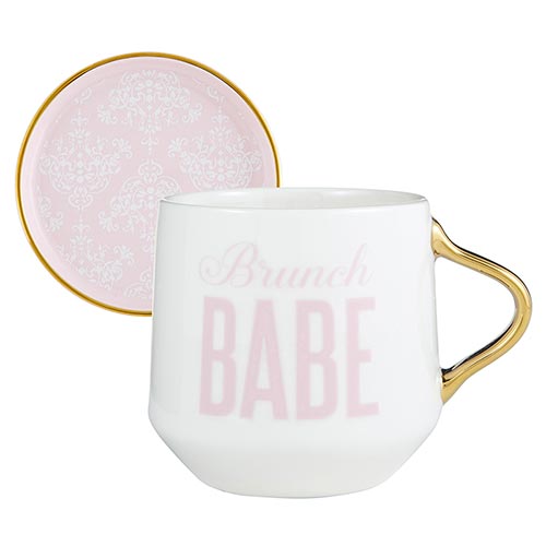 Pink and white Brunch Babe Ceramic Cup w. Lid
