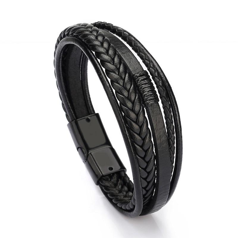 Men's black multistrand leather bracelet