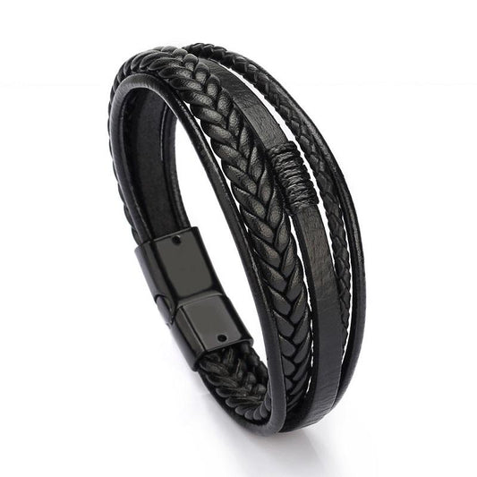 Men's black multistrand leather bracelet