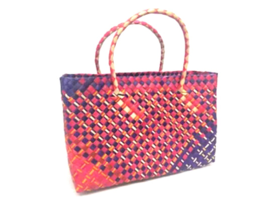 Small multi-colored handwoven pandan straw tote ( fuschia, navy blue, natural)