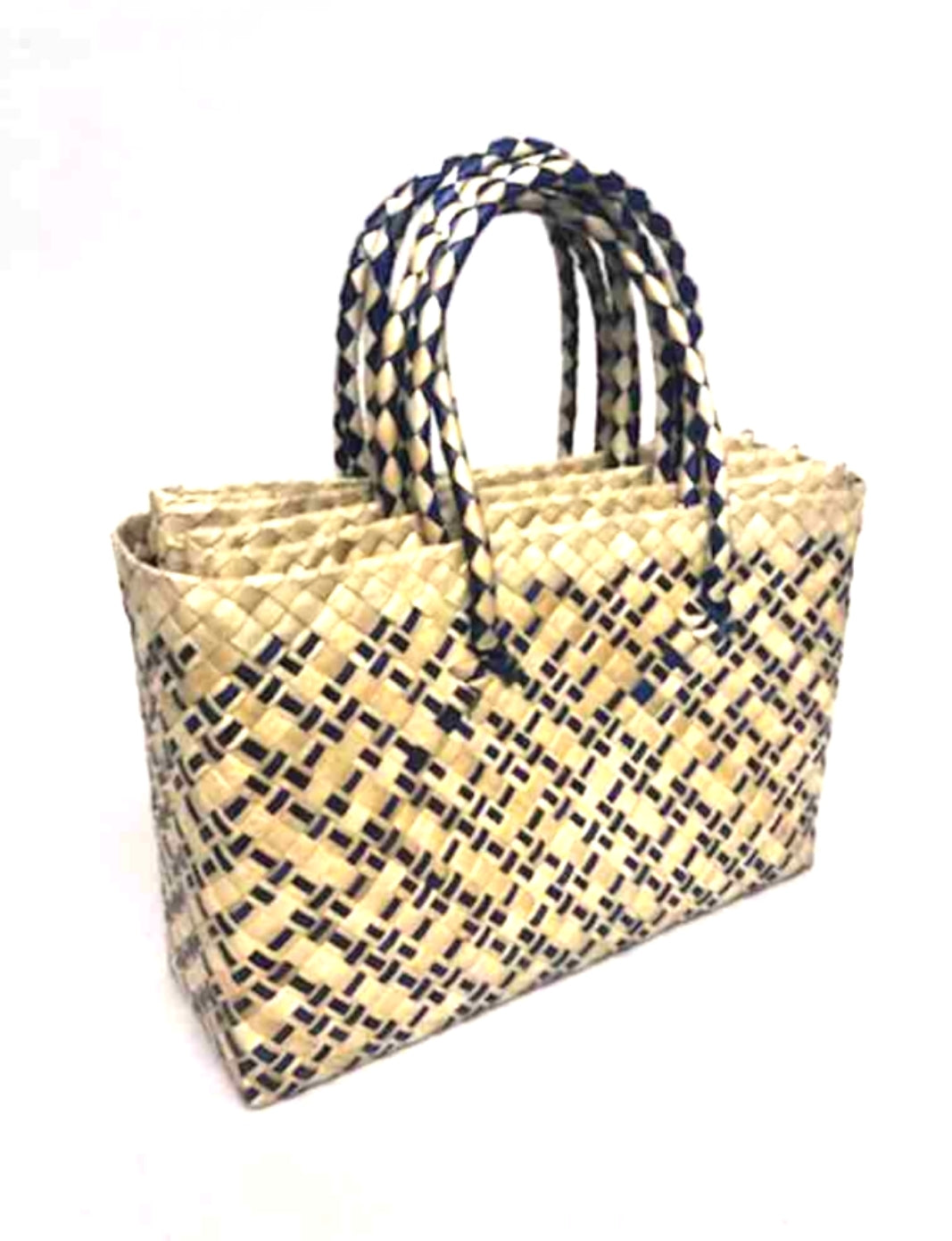 Small multi-colored handwoven pandan straw tote (natural, navy blue)