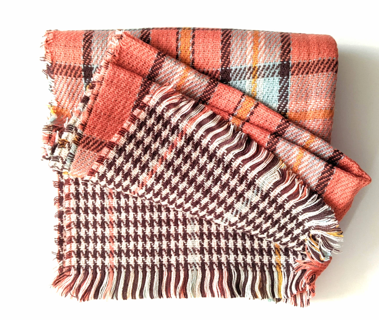 Orange/Tan & Brown/Teal plaid imitation cashmere reversible scarf