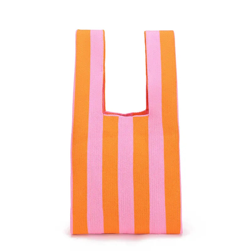 Orange & Pink Multi-color Striped Knit Polyester Tote Bag