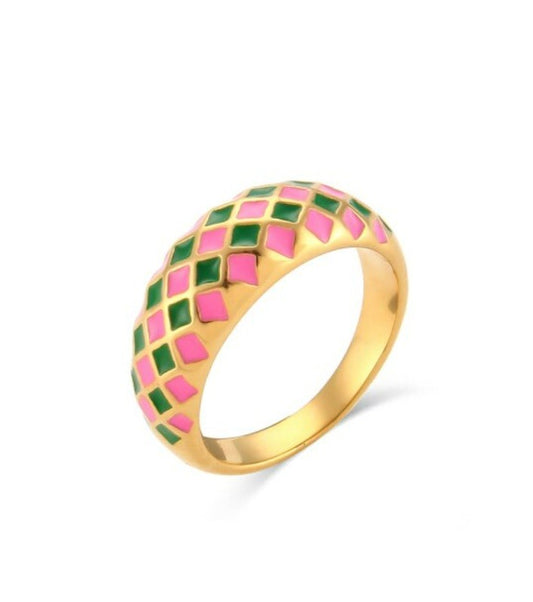 18k gold plated stainless steel pink/green multicolor lattice ring